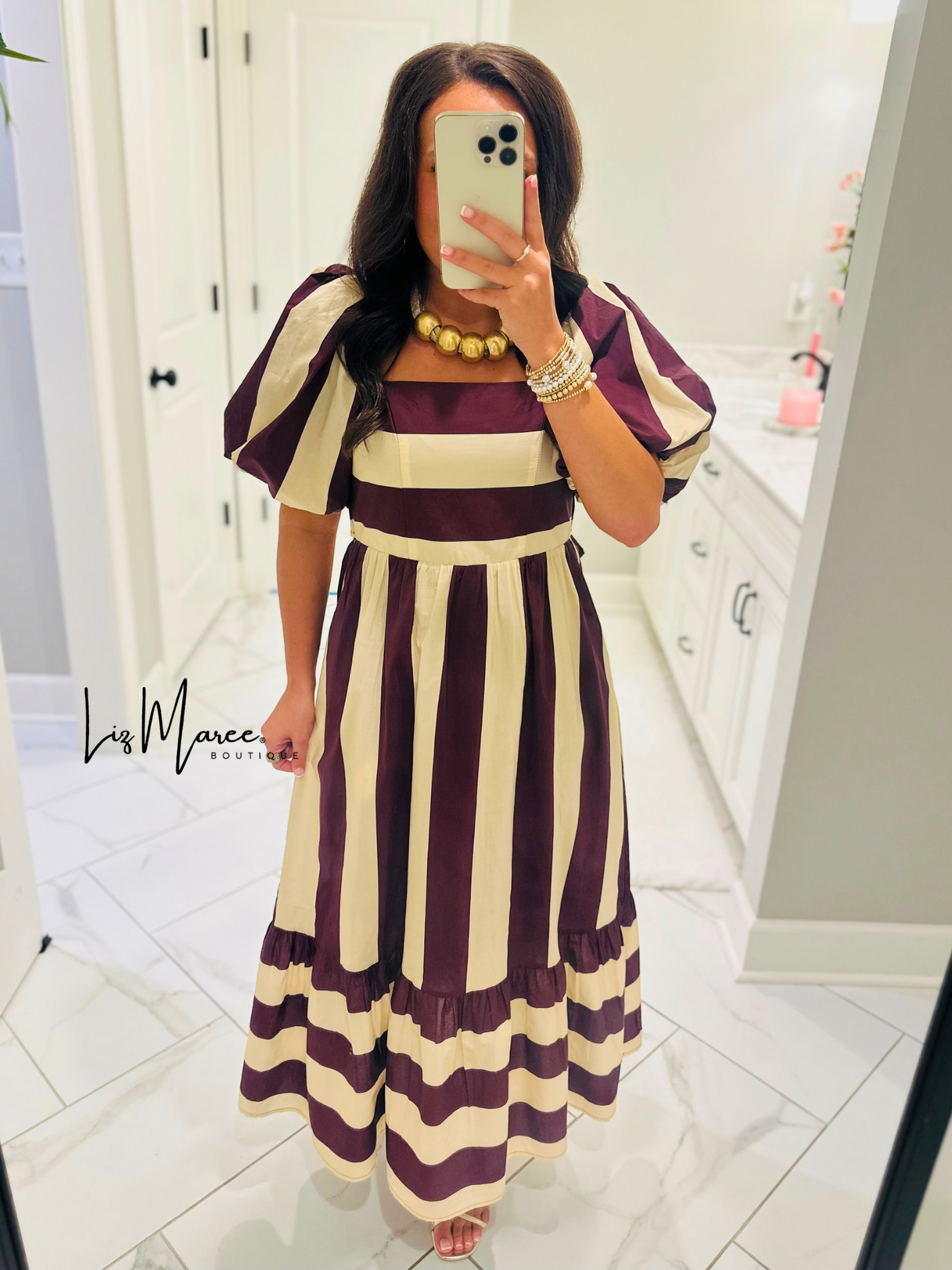The Danyale Merlot Striped Bow Midi Dress