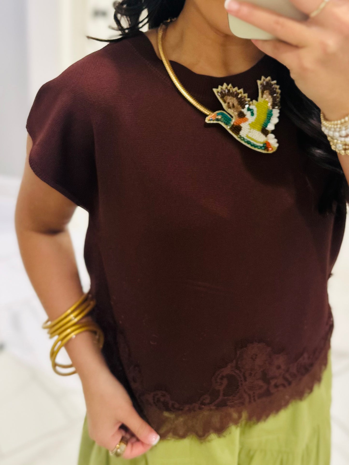 The Vera Brown Lace Hem Top