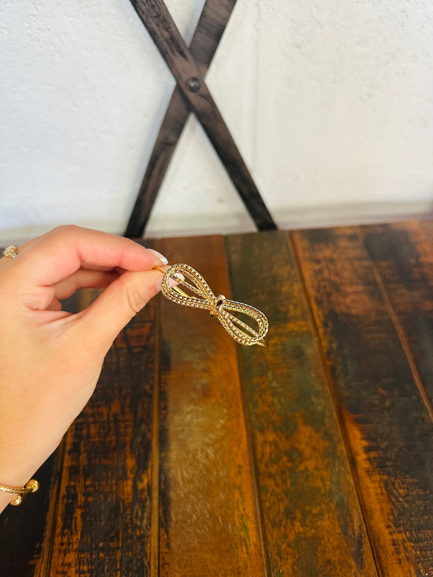 Gold Textured Bow Cuff Bracelet