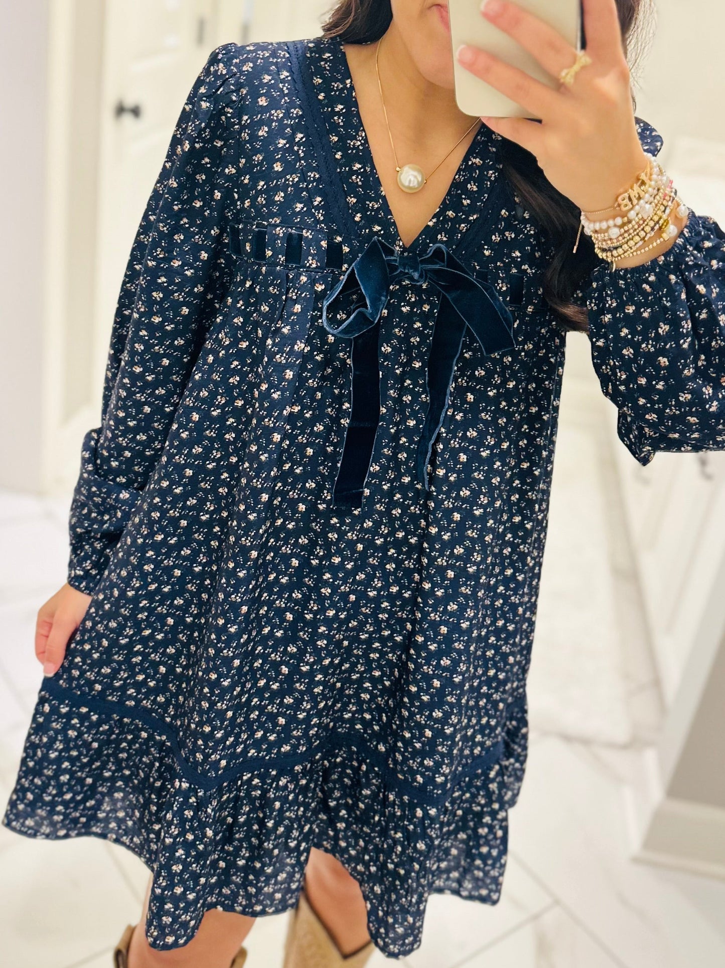 The Rhea Navy Floral Long Sleeve Bow Detail Dress