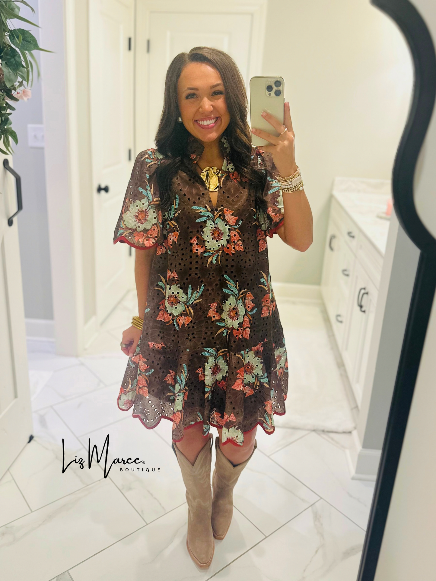 The Brinley Brown Floral Eyelet Scallop Dress
