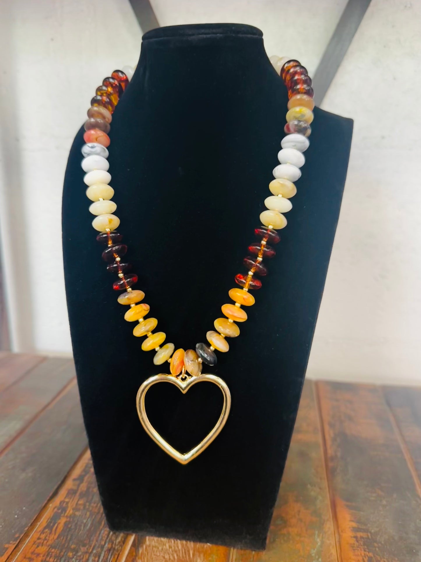 Beige Marble Bead Heart Pendant Necklace