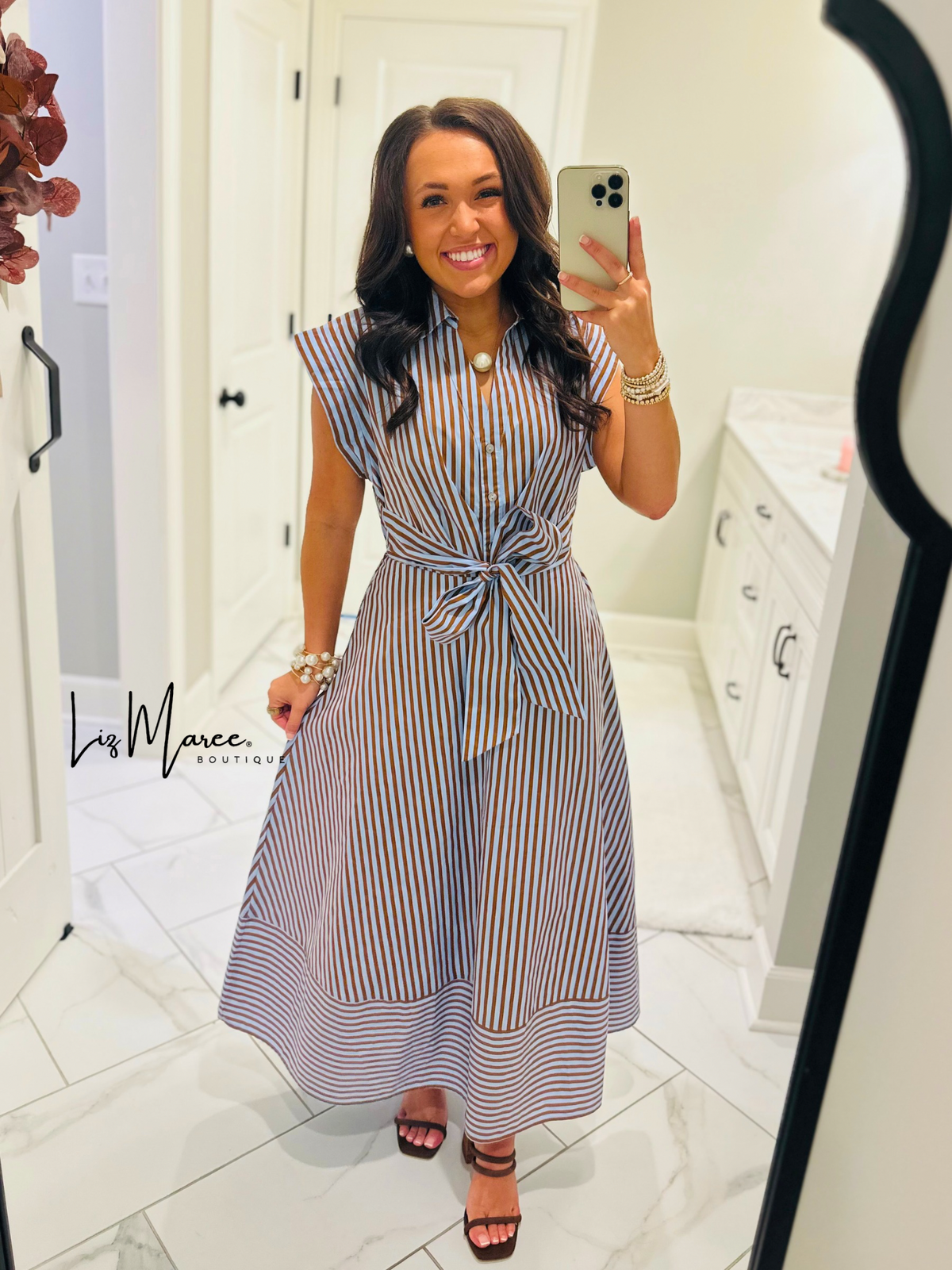 The Charity Blue + Brown Striped Midi Dress