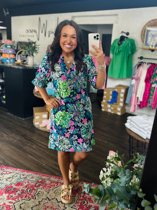 The Nova Navy Floral Ruffle Sleeve Dress