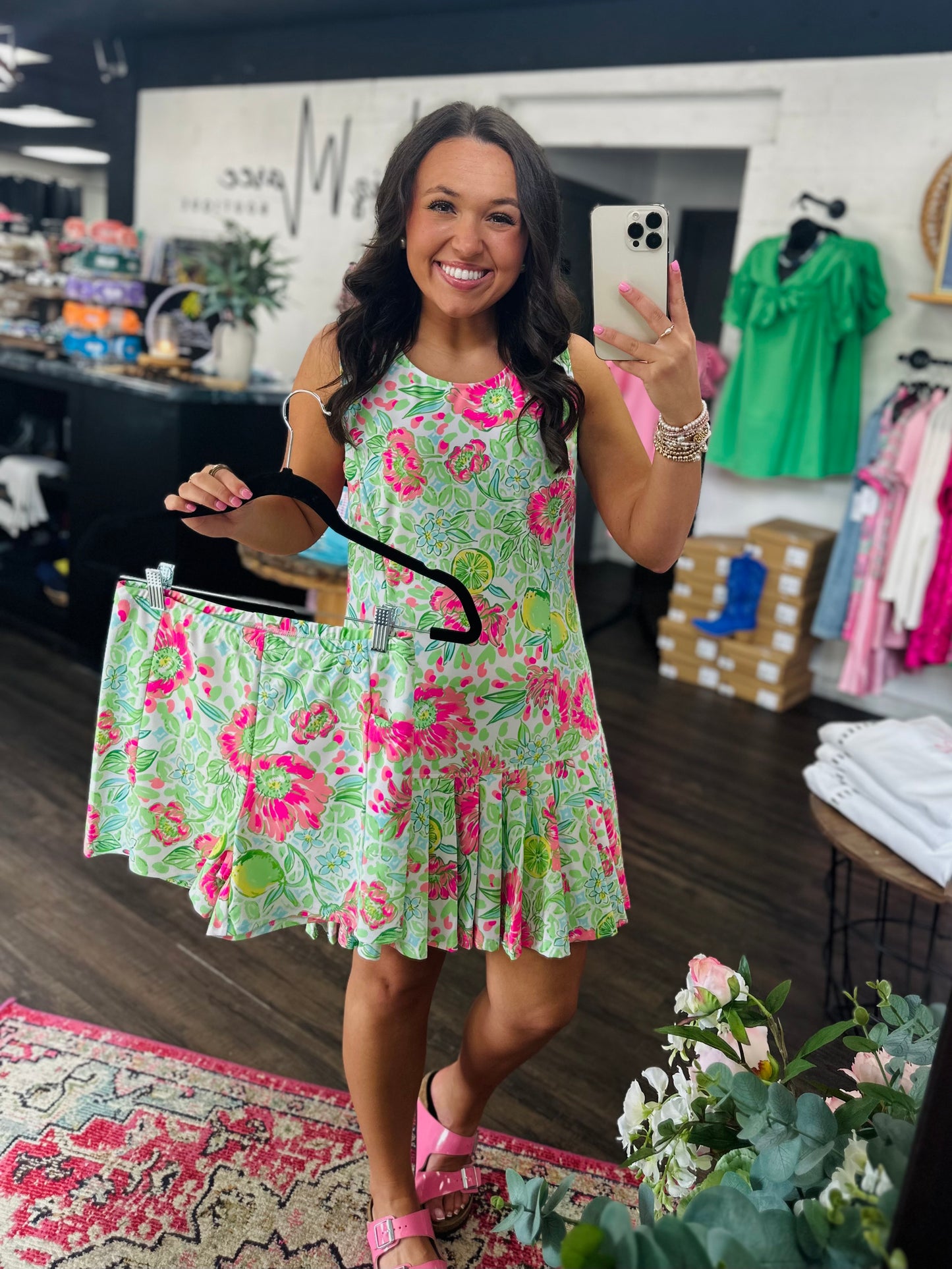 The Sunlee Pink Floral Pleated Dress