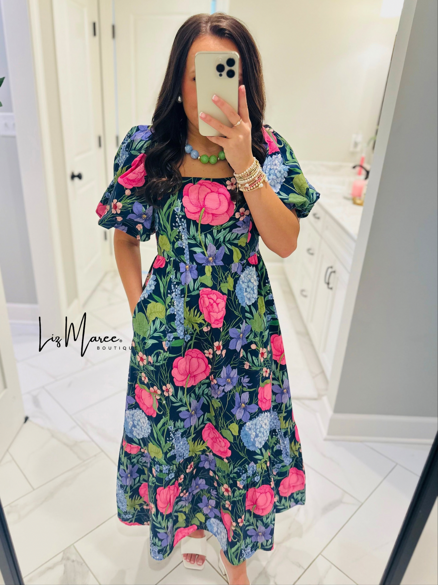 The Danyale Navy Floral Bow Midi Dress