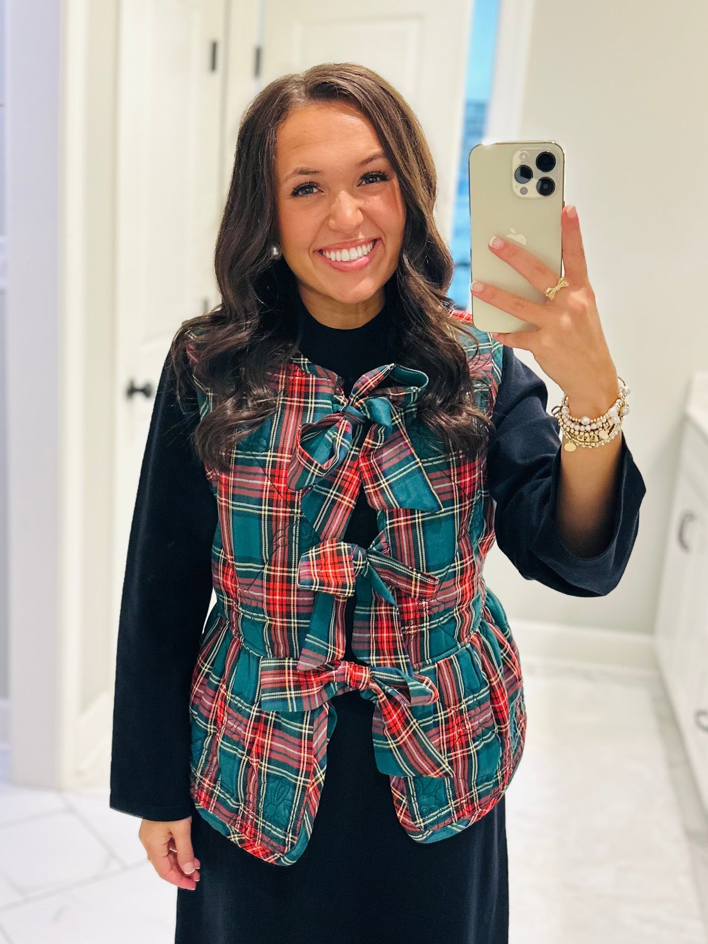 The Charity Green Plaid Quilted Bow Vest