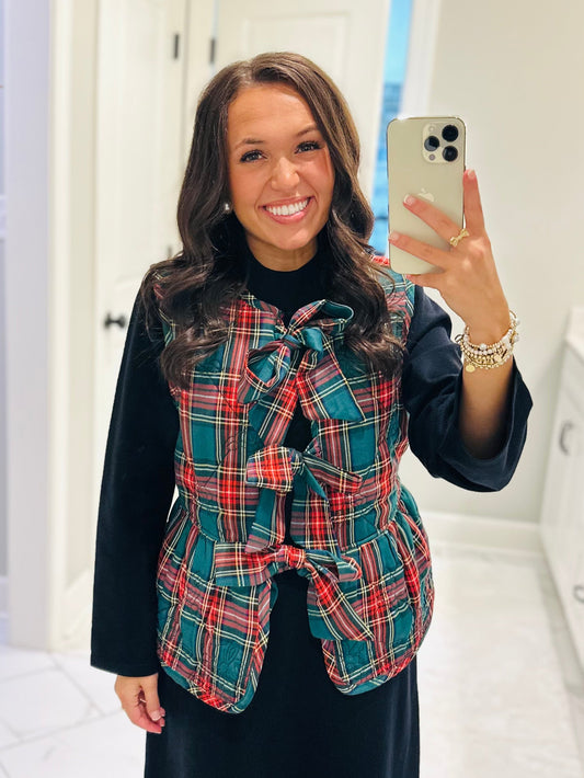 The Charity Green Plaid Quilted Bow Vest