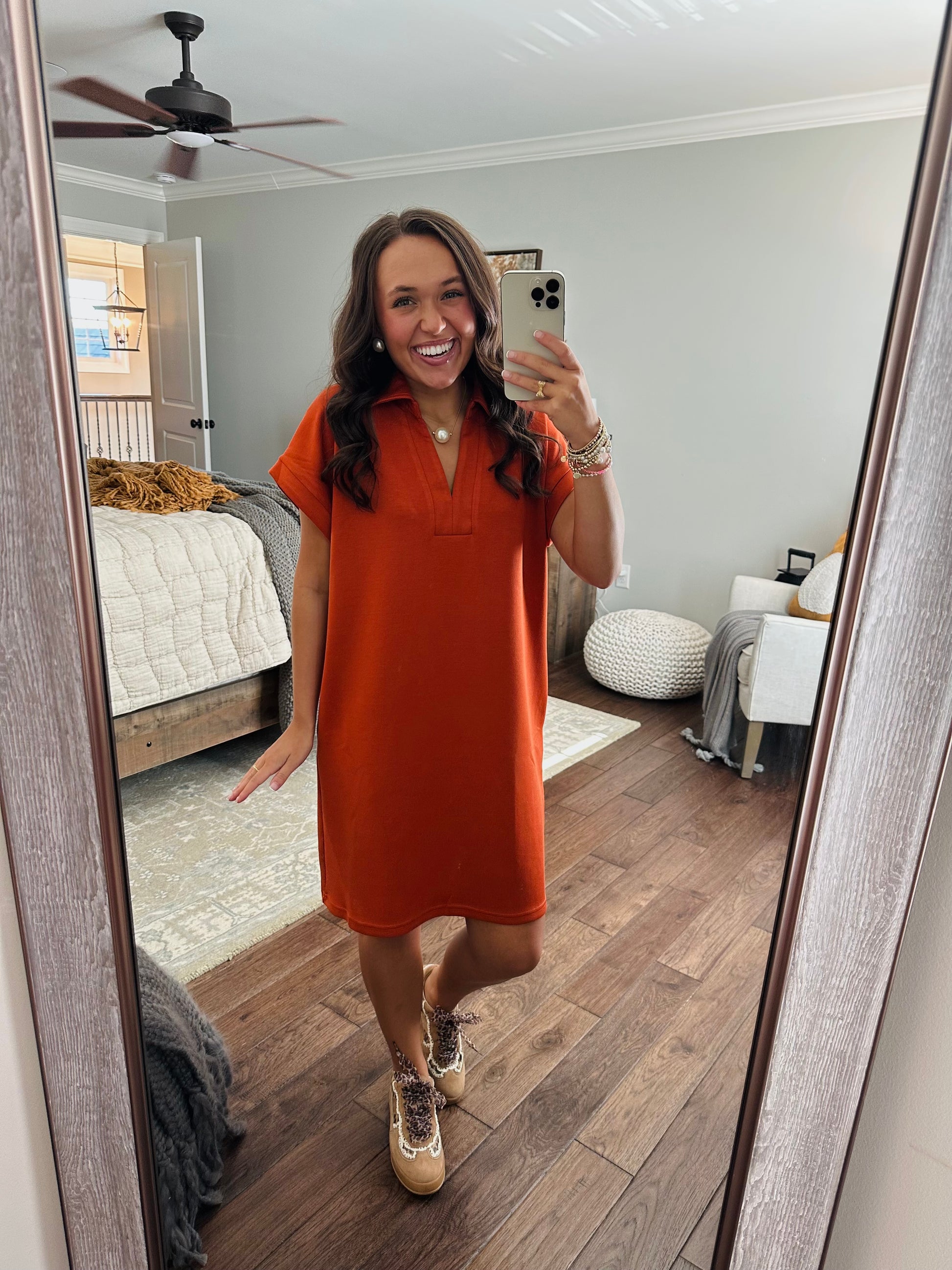 orange shift dress The Briar Burnt Orange V-neck Shift Dress Large