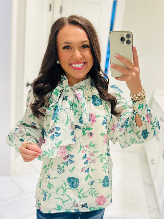 The Katherine Ivory Floral Bow Long Sleeve Top