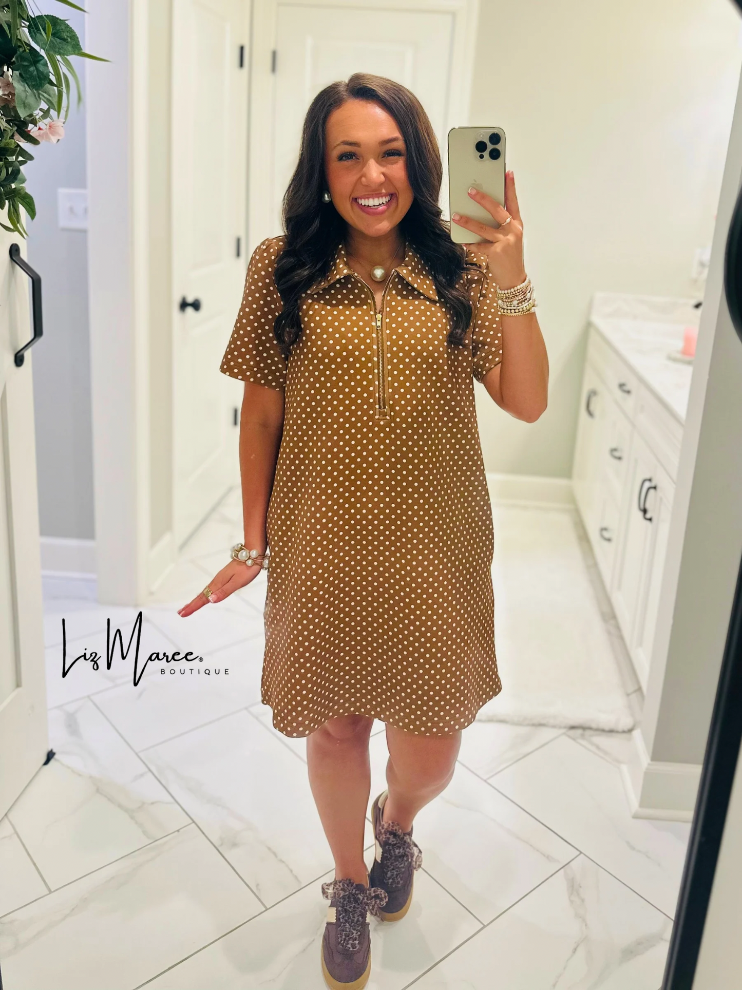 The Hadley Caramel Brown Polka Dot Quarter Zip Dress