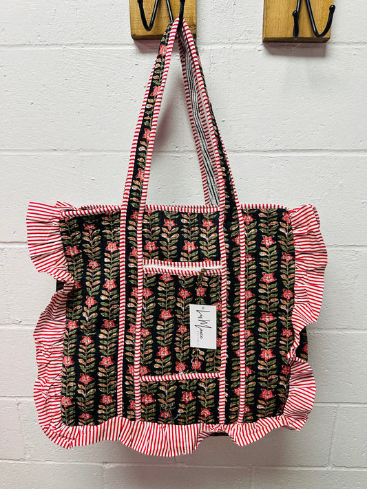The Black Floral Ruffle Quilted Tote Bag