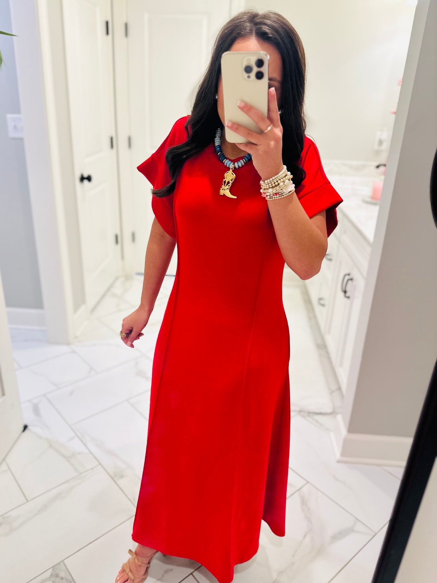 The Jess Red Knit Midi Dress