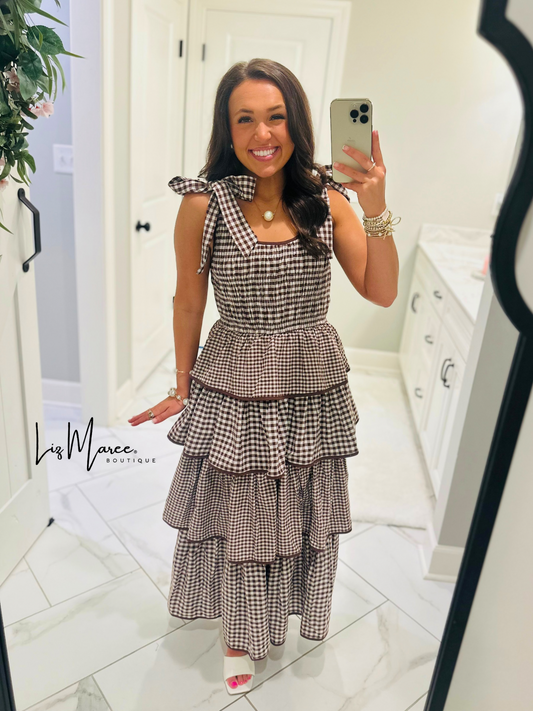 The Kacie Brown Gingham Tiered Ruffle Midi Dress