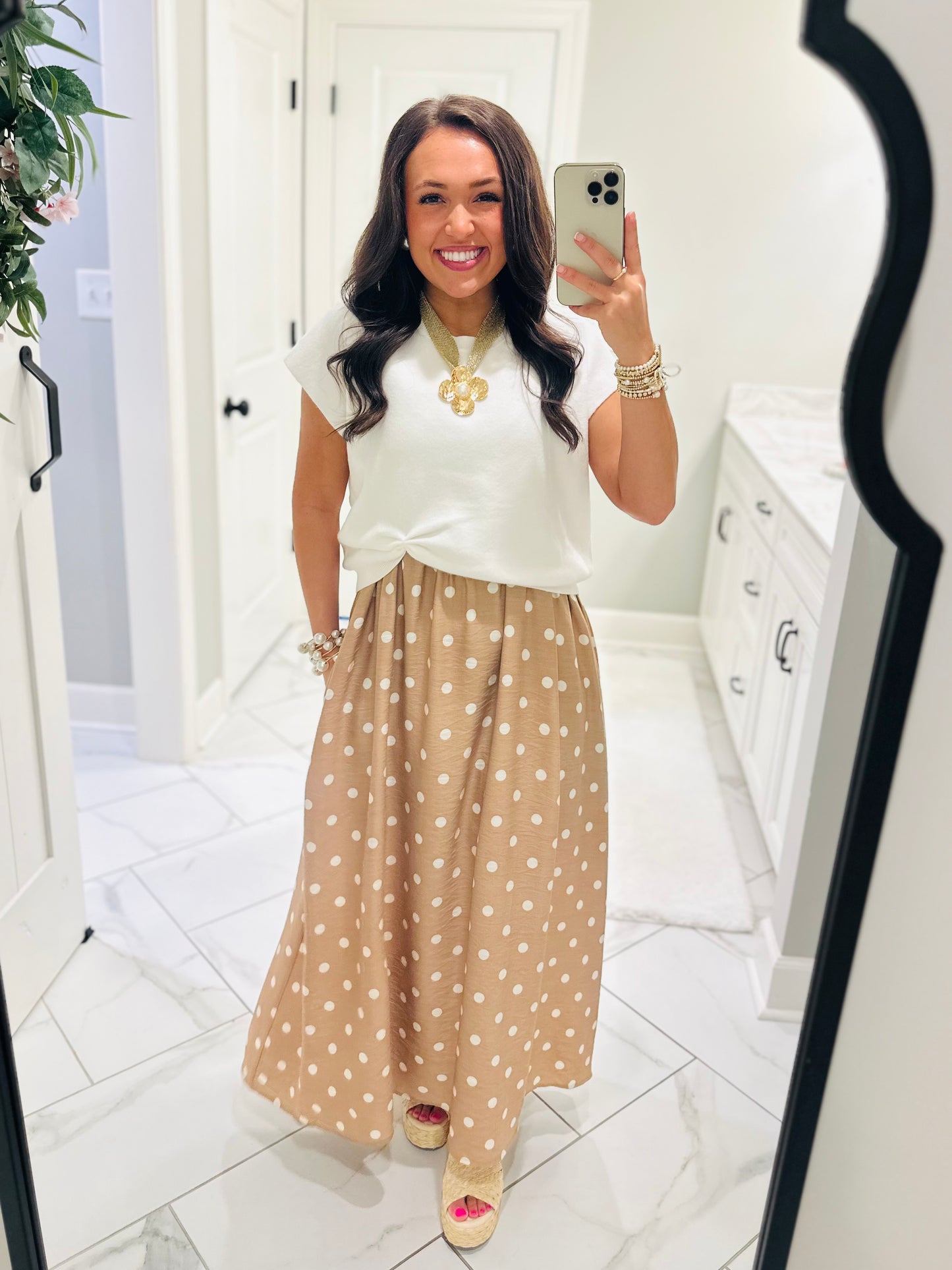 The Lennon Cream Tan Layered Polka Dot Midi Dress