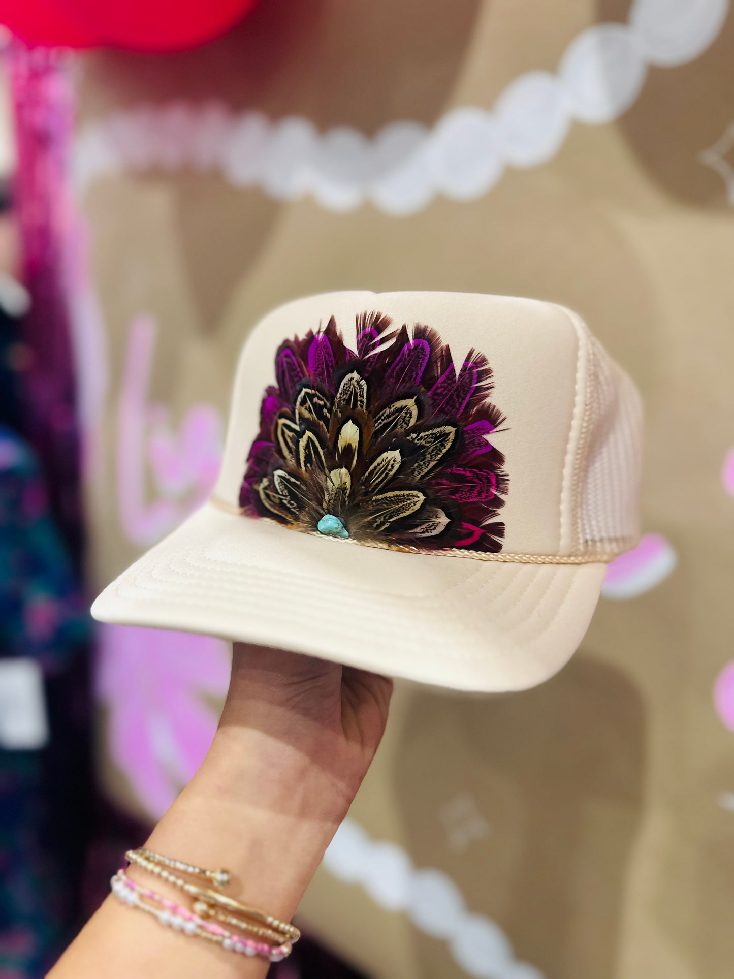 Tan + Purple Feather Trucker Hat