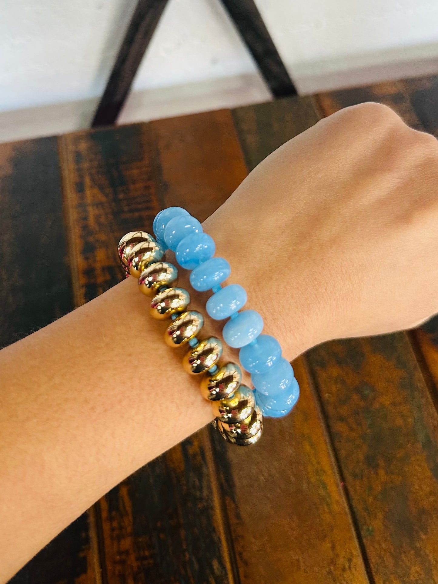 Blue + Gold Chunky Marble Bracelet Set