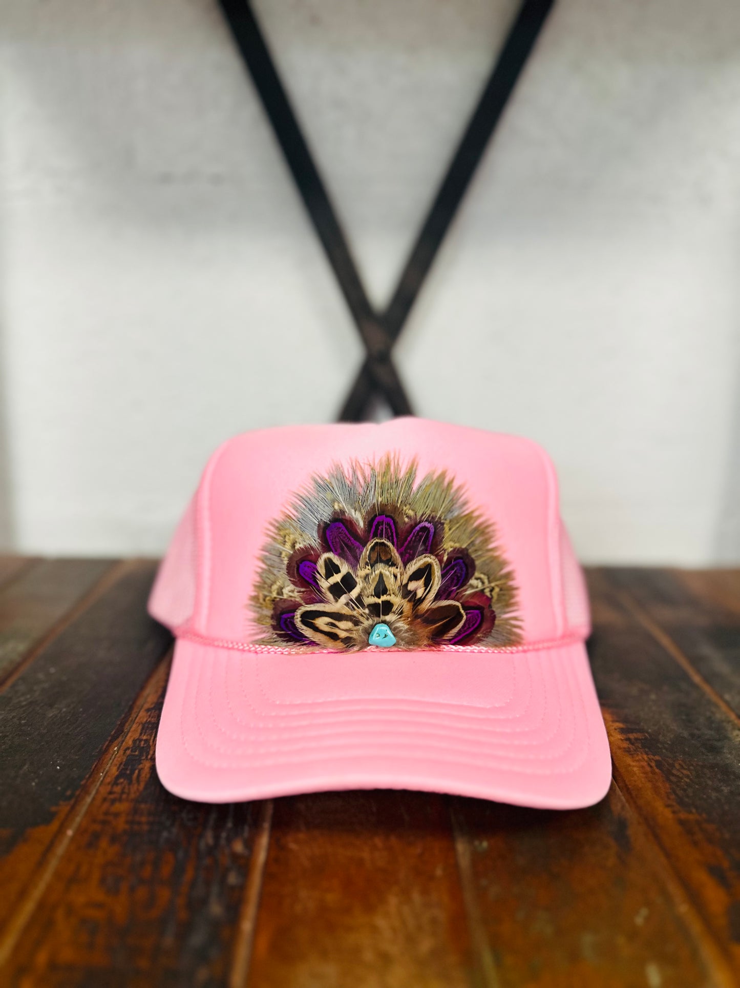 Light Pink Feather + Turquoise Stone Trucker Hat