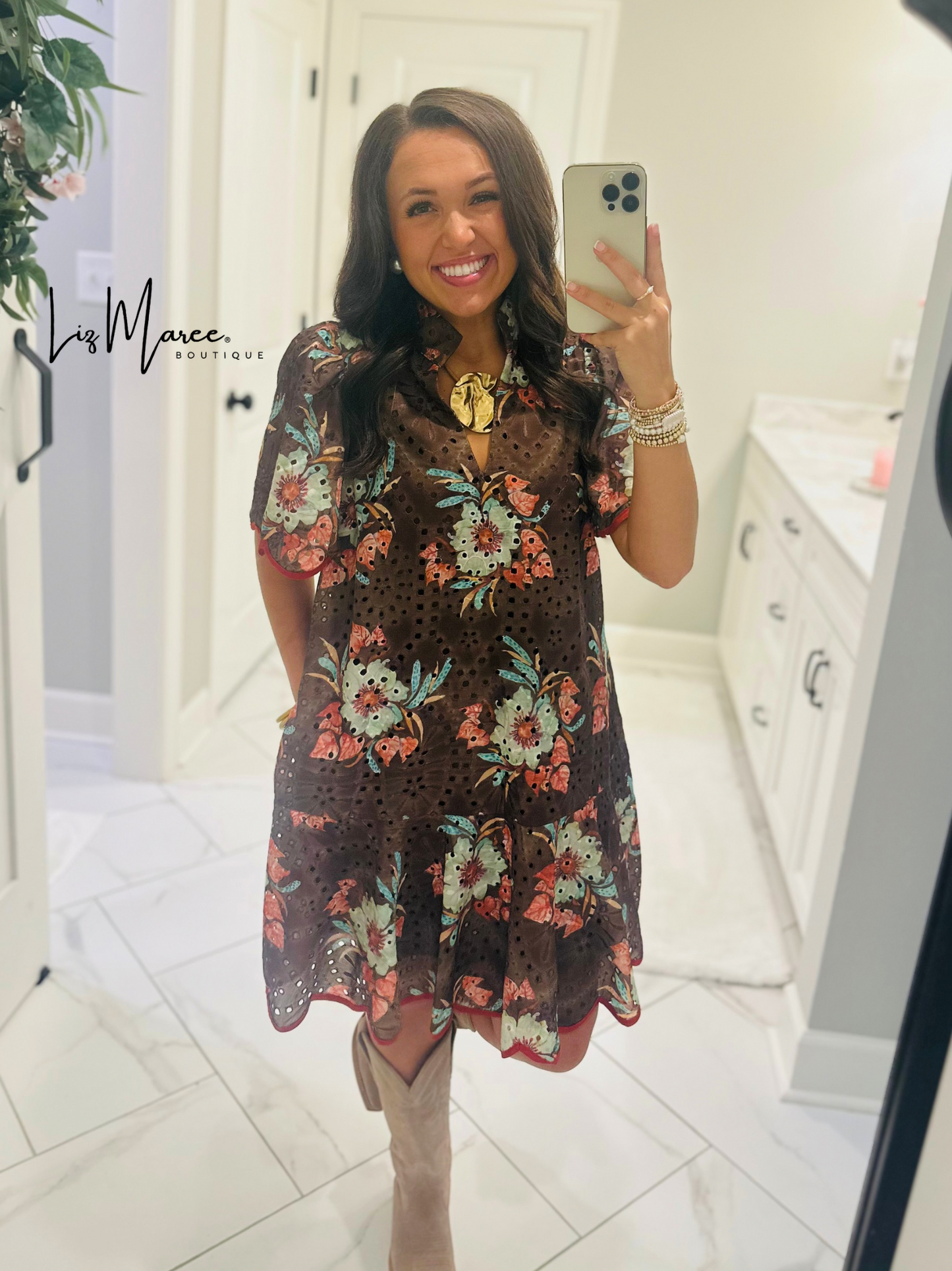 The Brinley Brown Floral Eyelet Scallop Dress