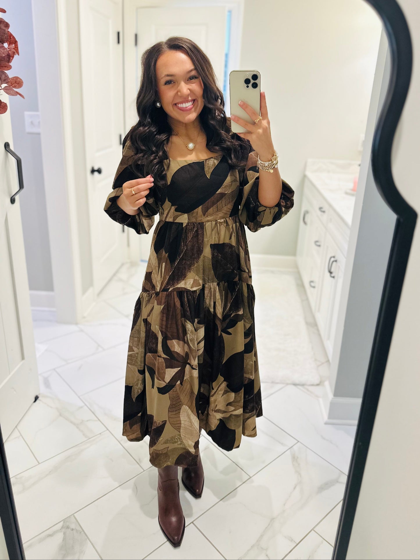 The Loretta Mocha Leaf Midi Dress