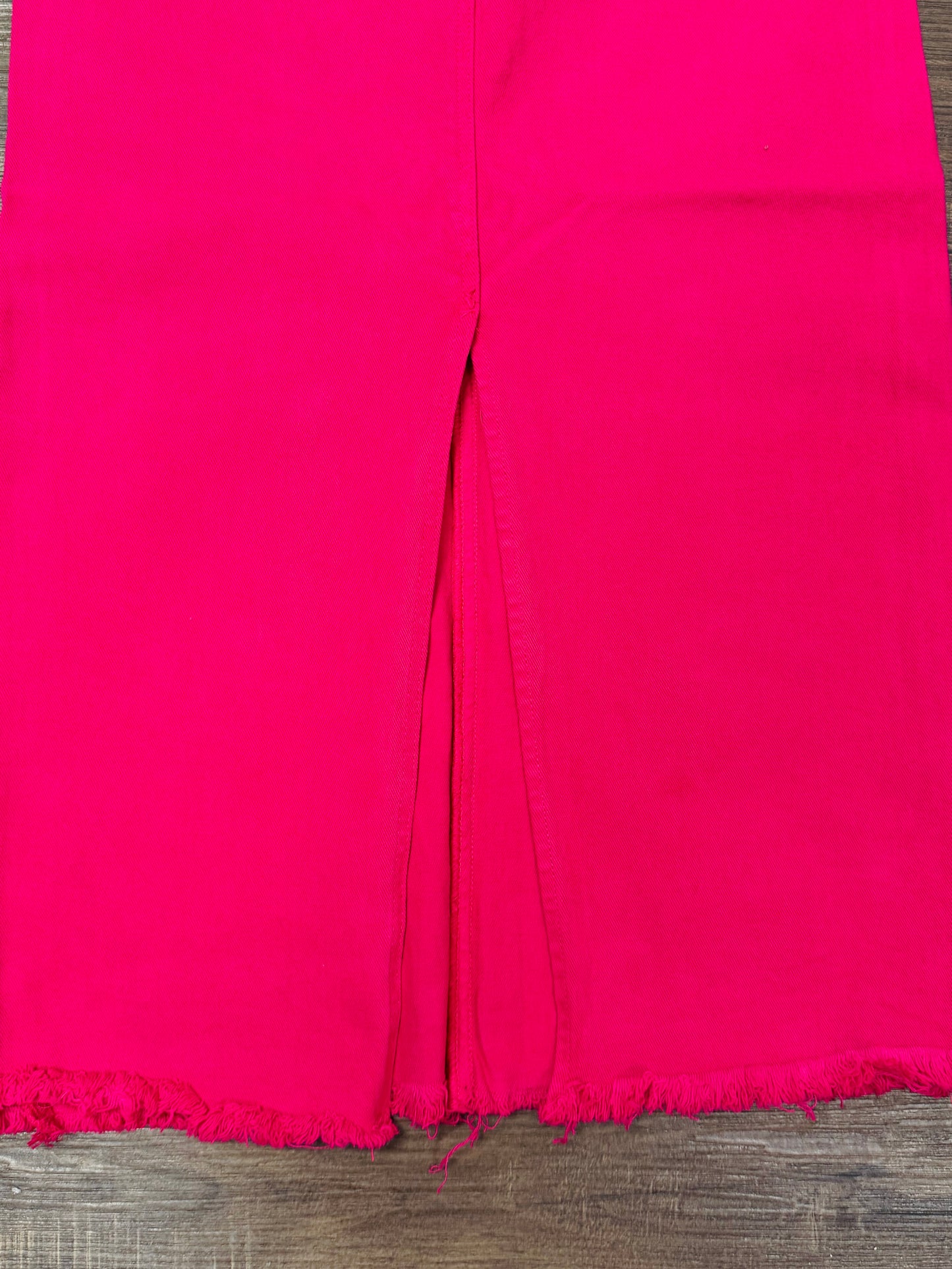 The High Rise Fuchsia Frayed Long Denim Skirt