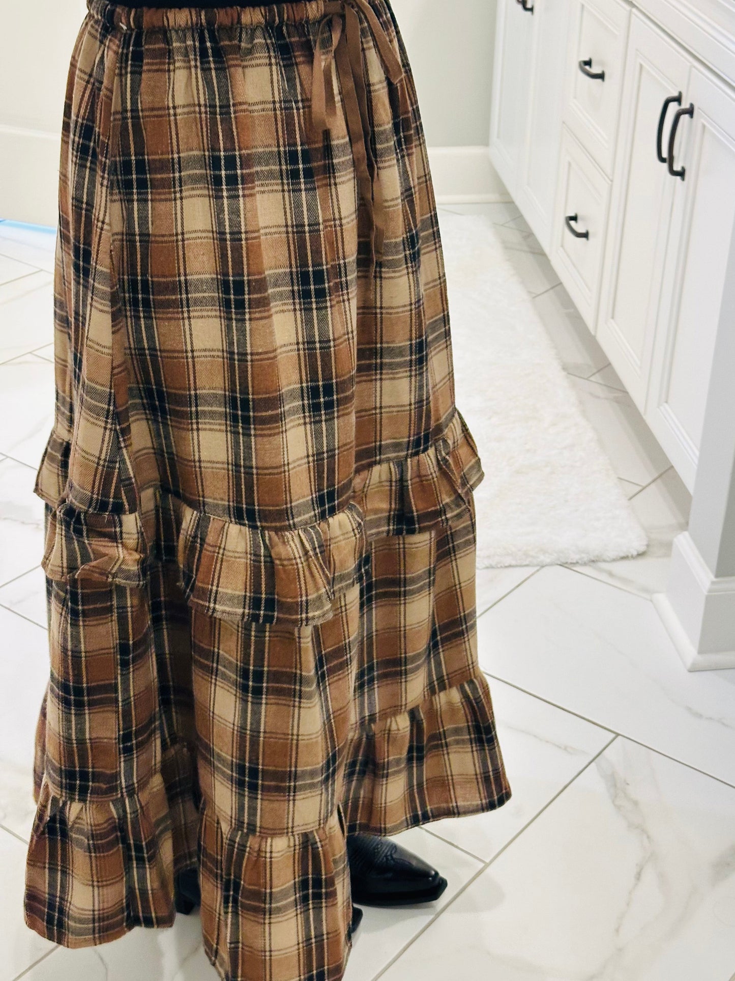 The Raine Mocha Plaid Ruffle Tiered Midi Skirt