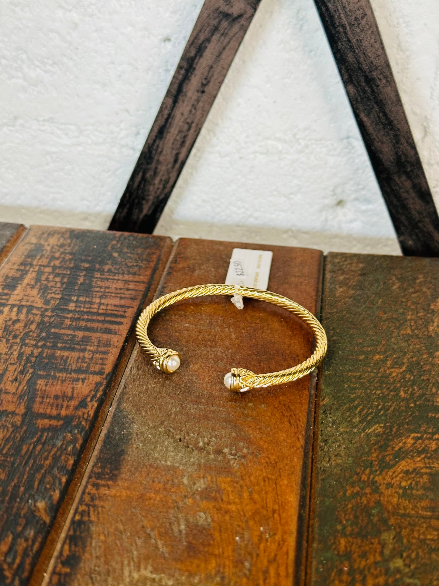 Gold Pearl End Cable Cuff Bracelet