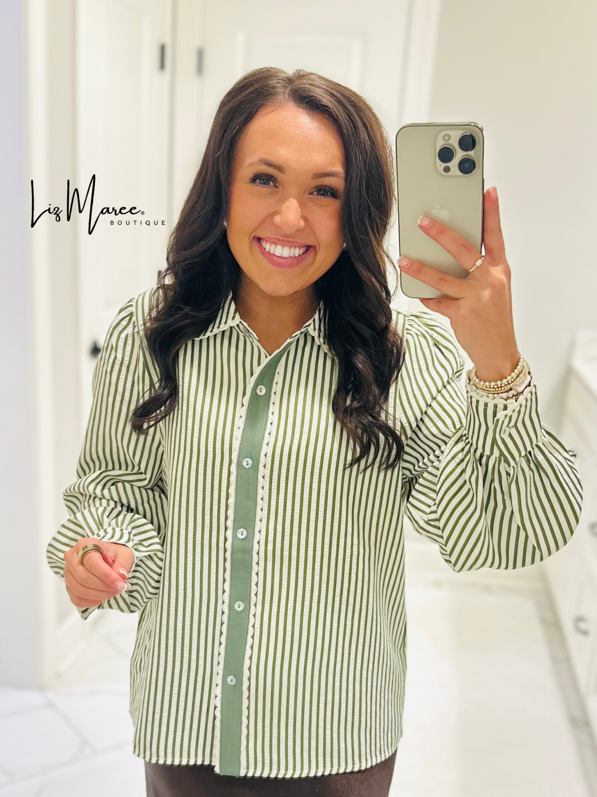 The Kathy Olive Green Striped Scallop Top