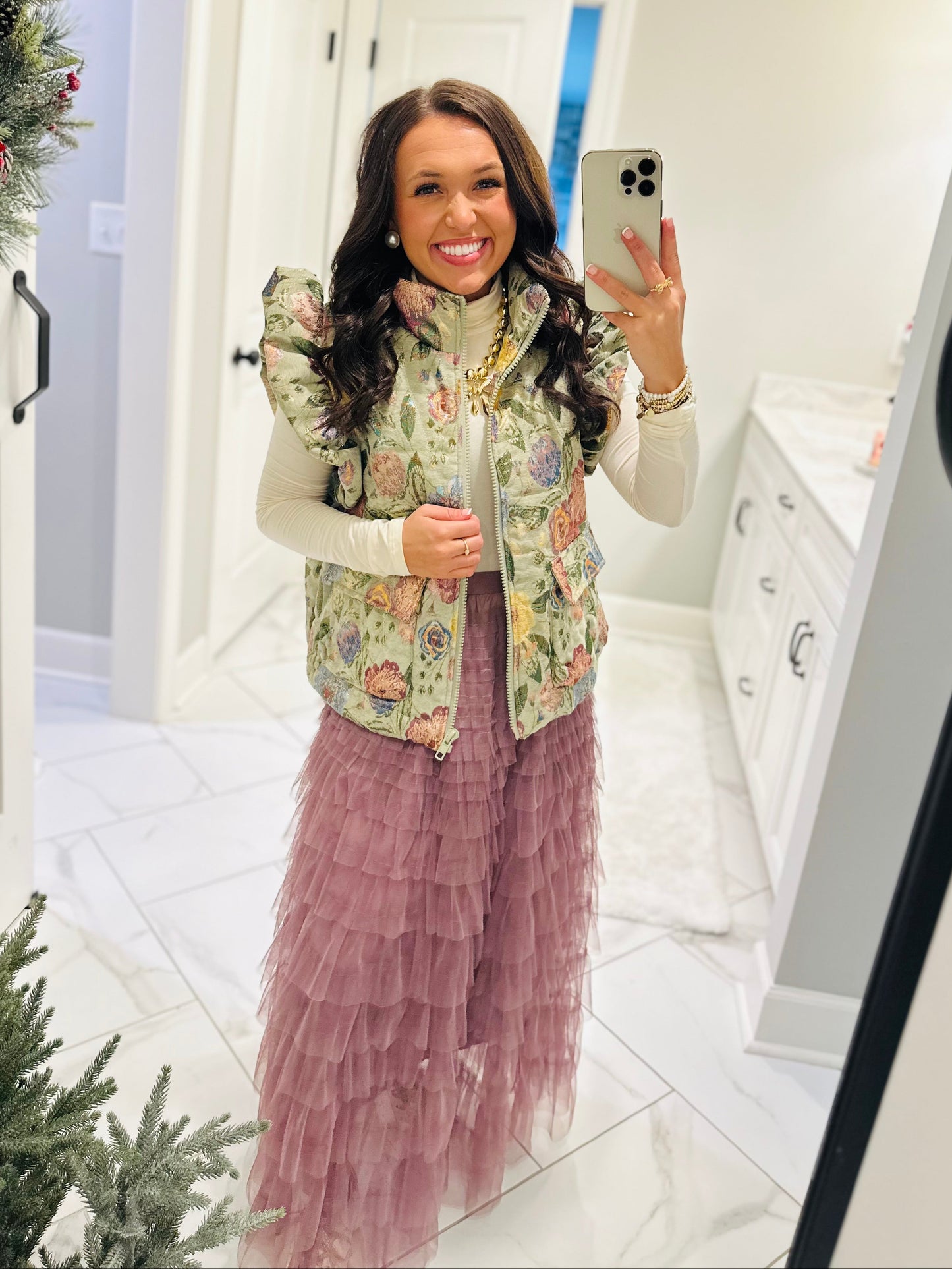 The Everlee Olive Green Floral Metallic Quilted Vest