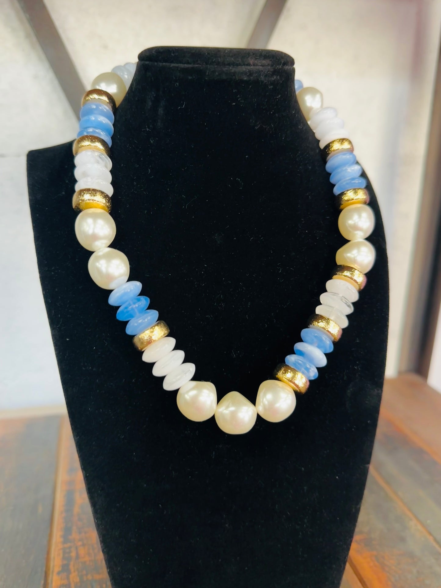Blue + Gold Pearl Bead Necklace
