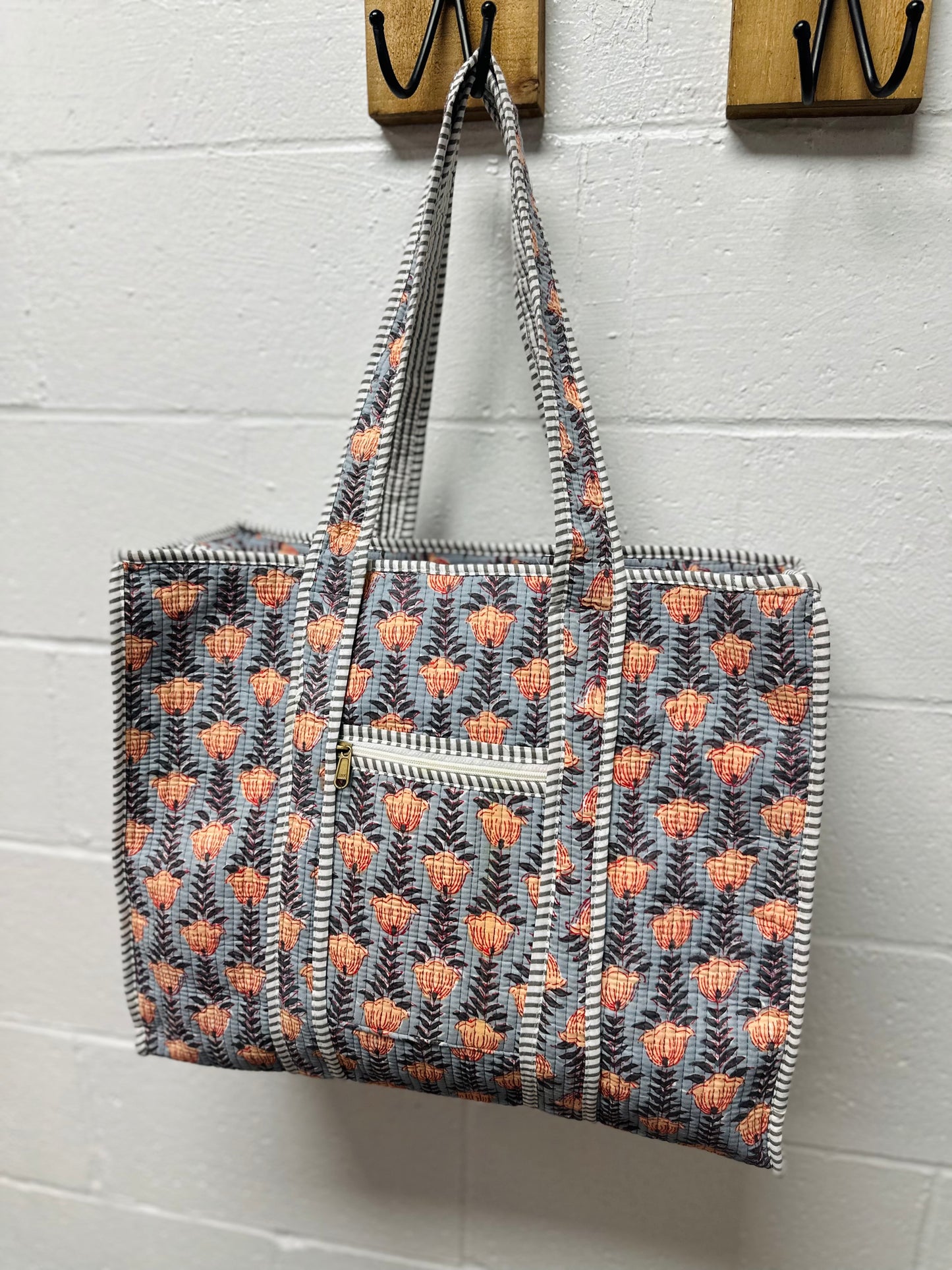 The Gray & Orange Floral Quilted Tote Bag