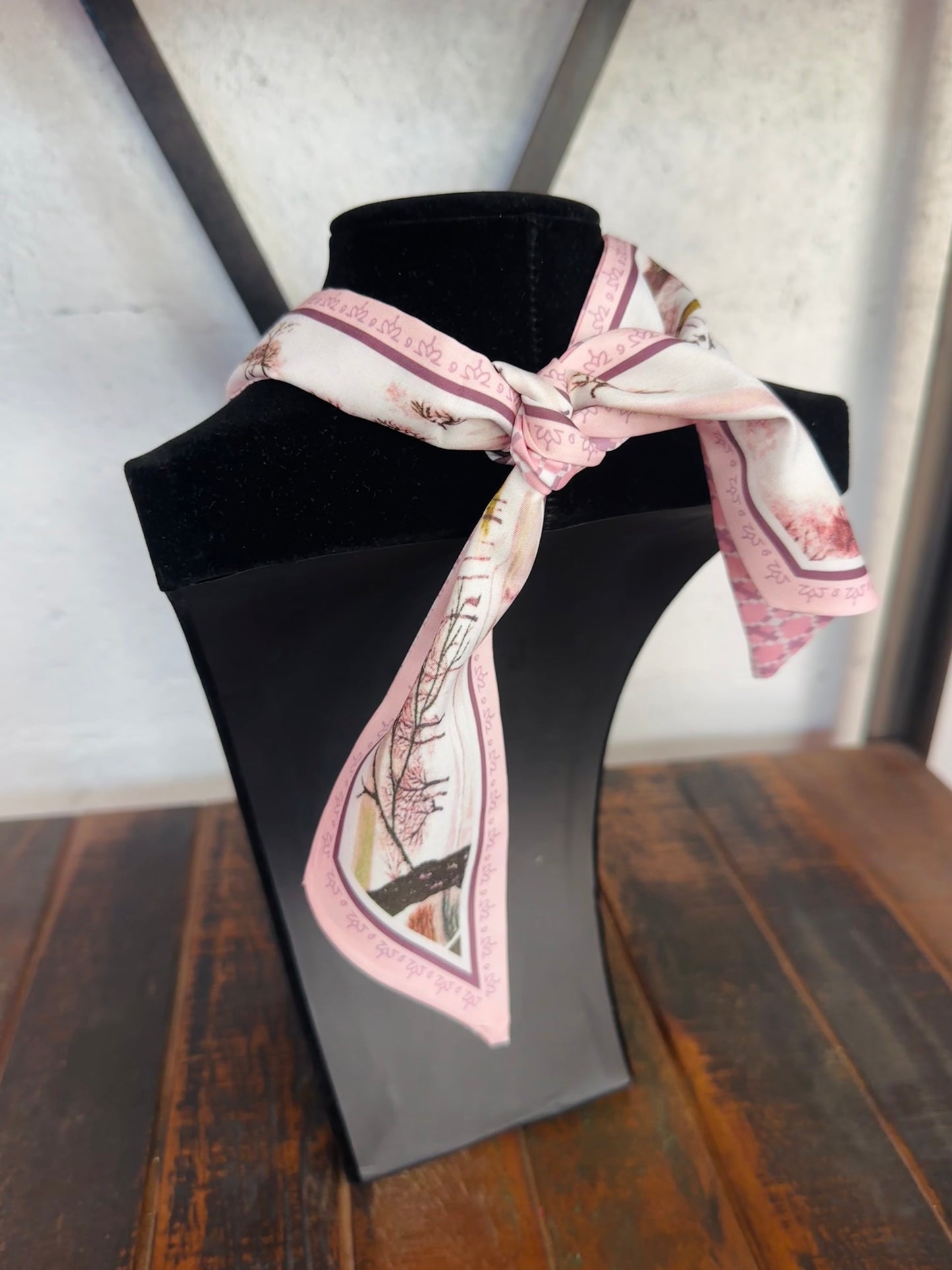 Pink Floral Silk Scarf + Gold Boot Pendant Necklace