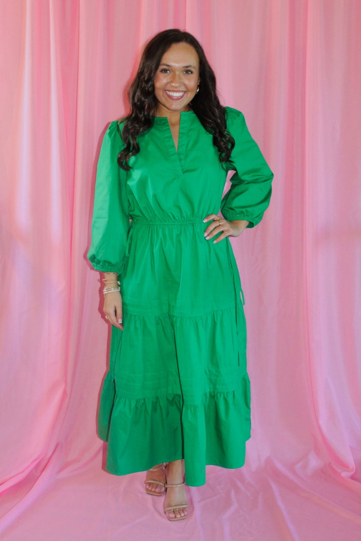 The Jayde Kelly Green Poplin Tiered Midi Dress