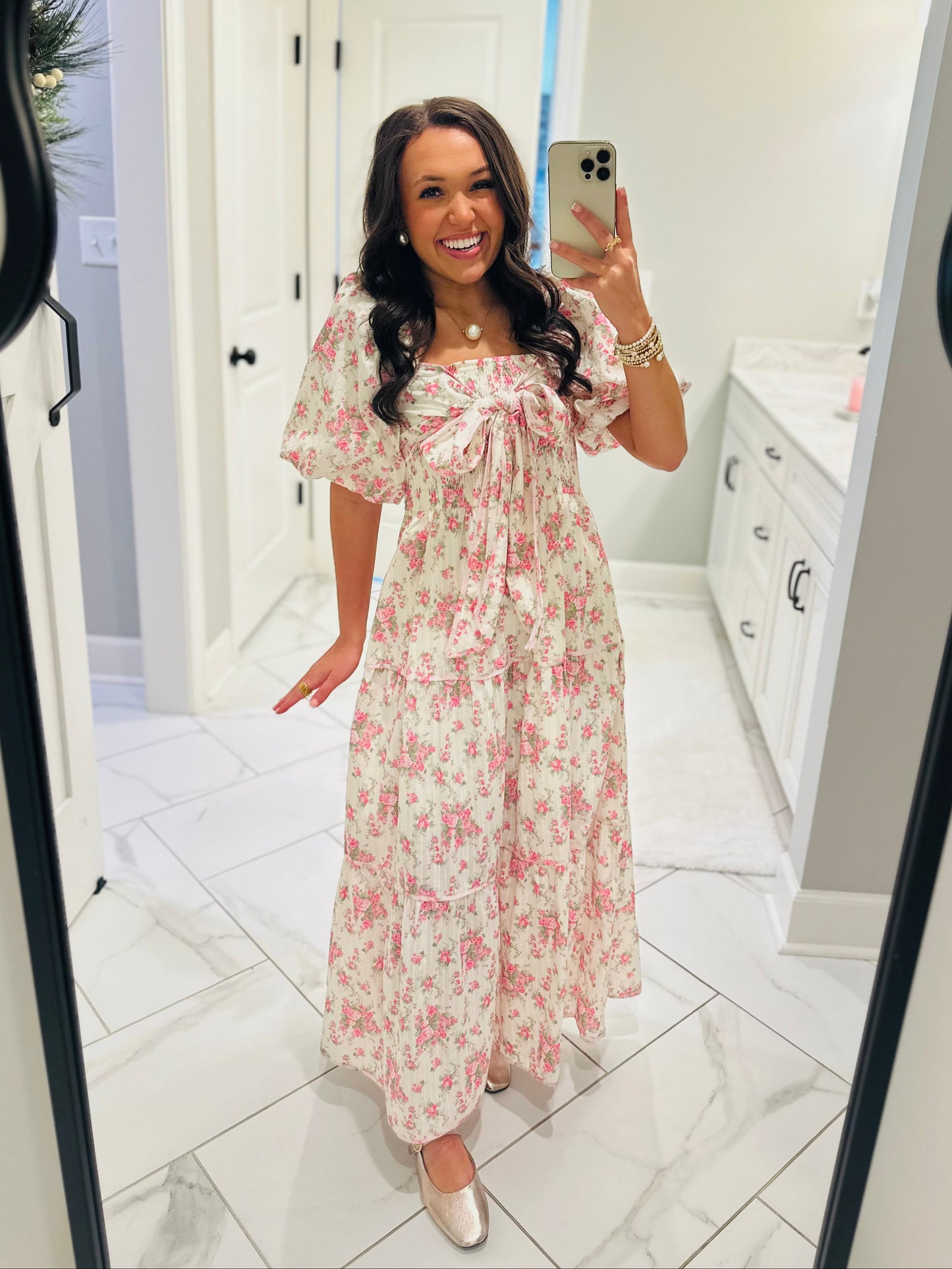 The Lola Floral Tiered Bow Front Midi Dress