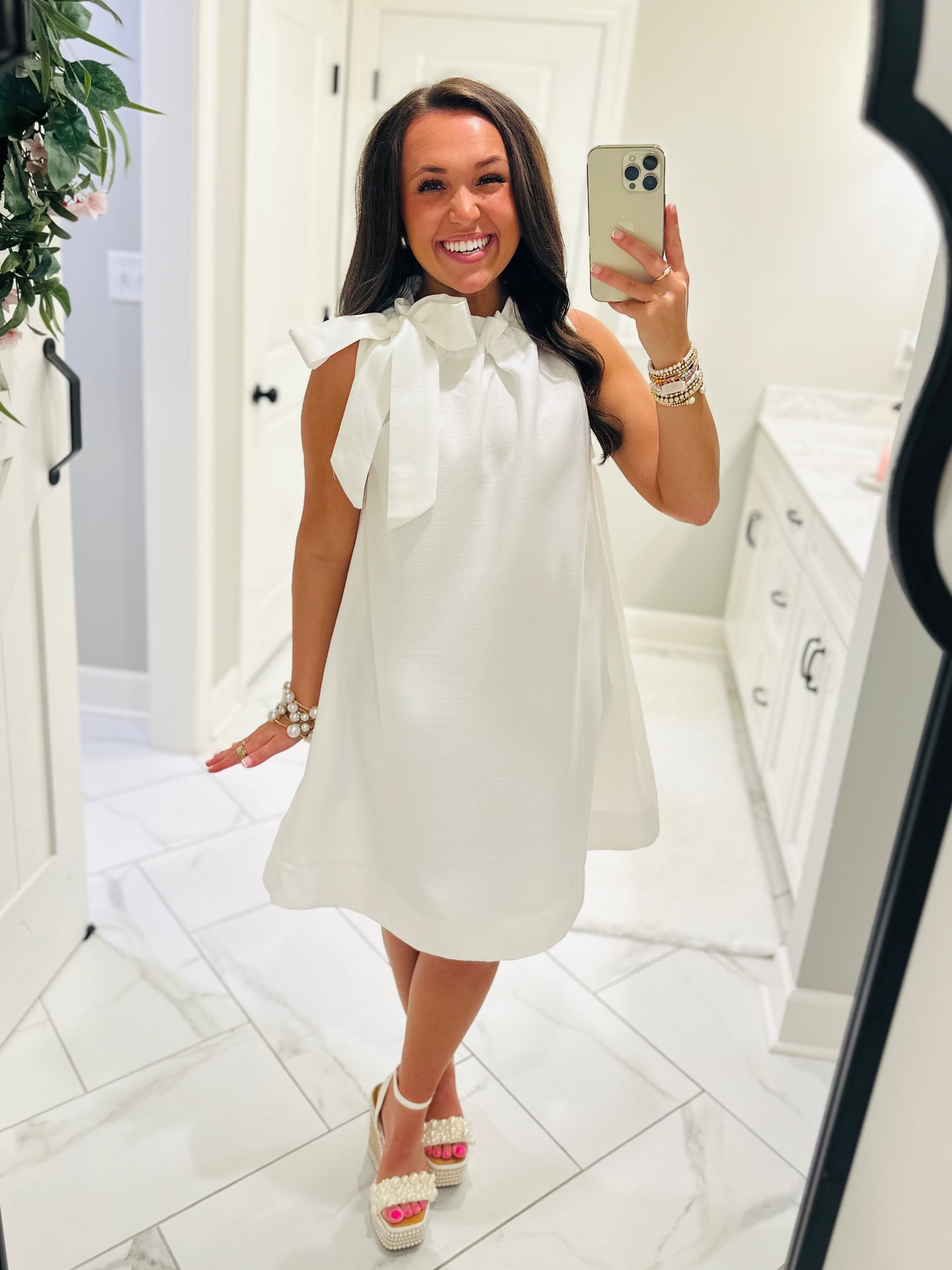The Elizabeth White Tie Neck Shift Dress
