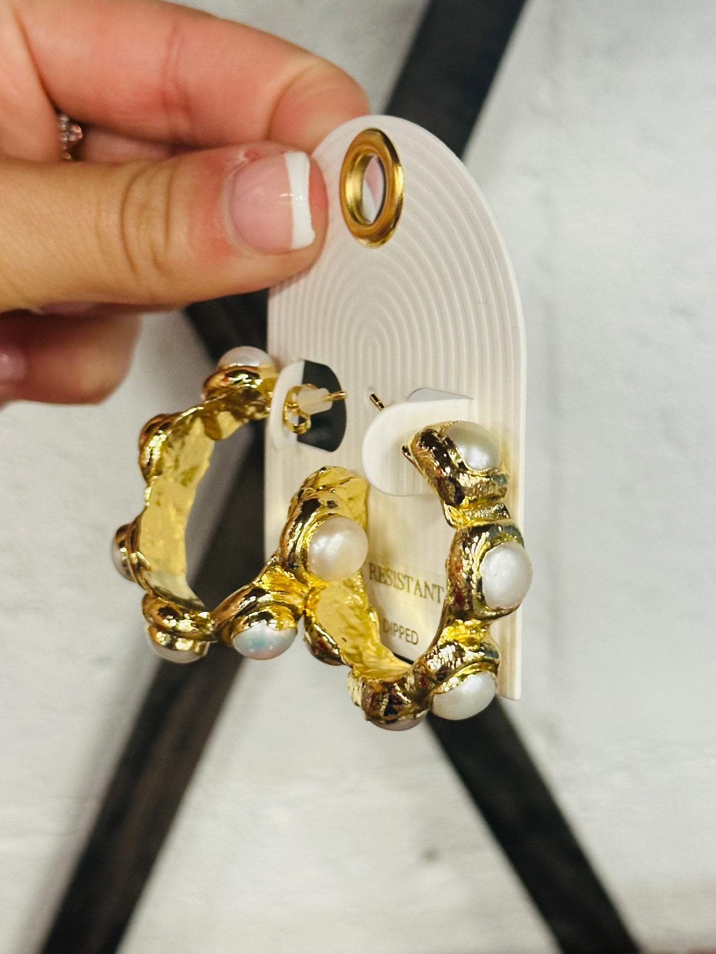 18K Gold Dipped Cream + Gold Pearl Station Hoops