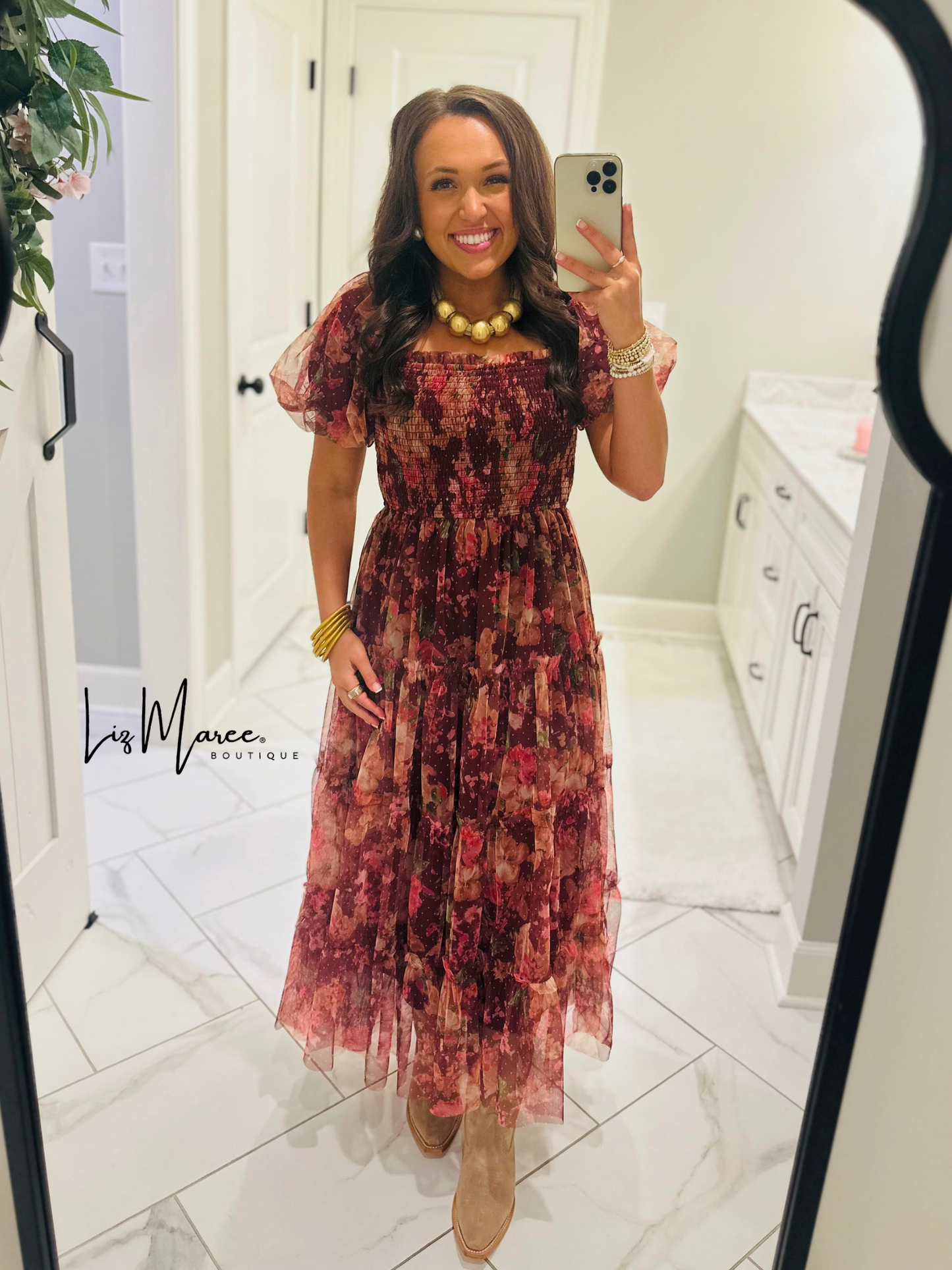 The Halston Burgundy Floral Polka Dot Midi Dress
