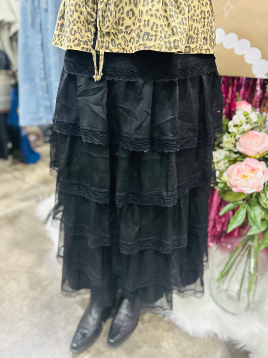 The June Black Tiered Chiffon Lace Trim Maxi Skirt