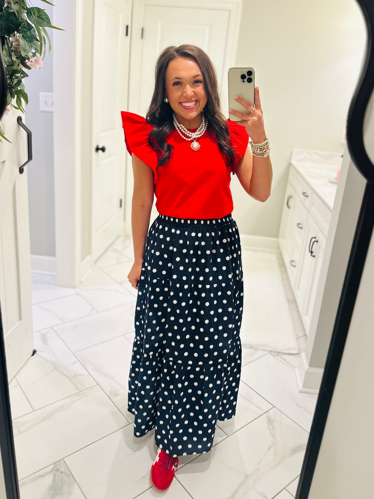 The Nanci Navy Polka Dot Tiered Midi Skirt