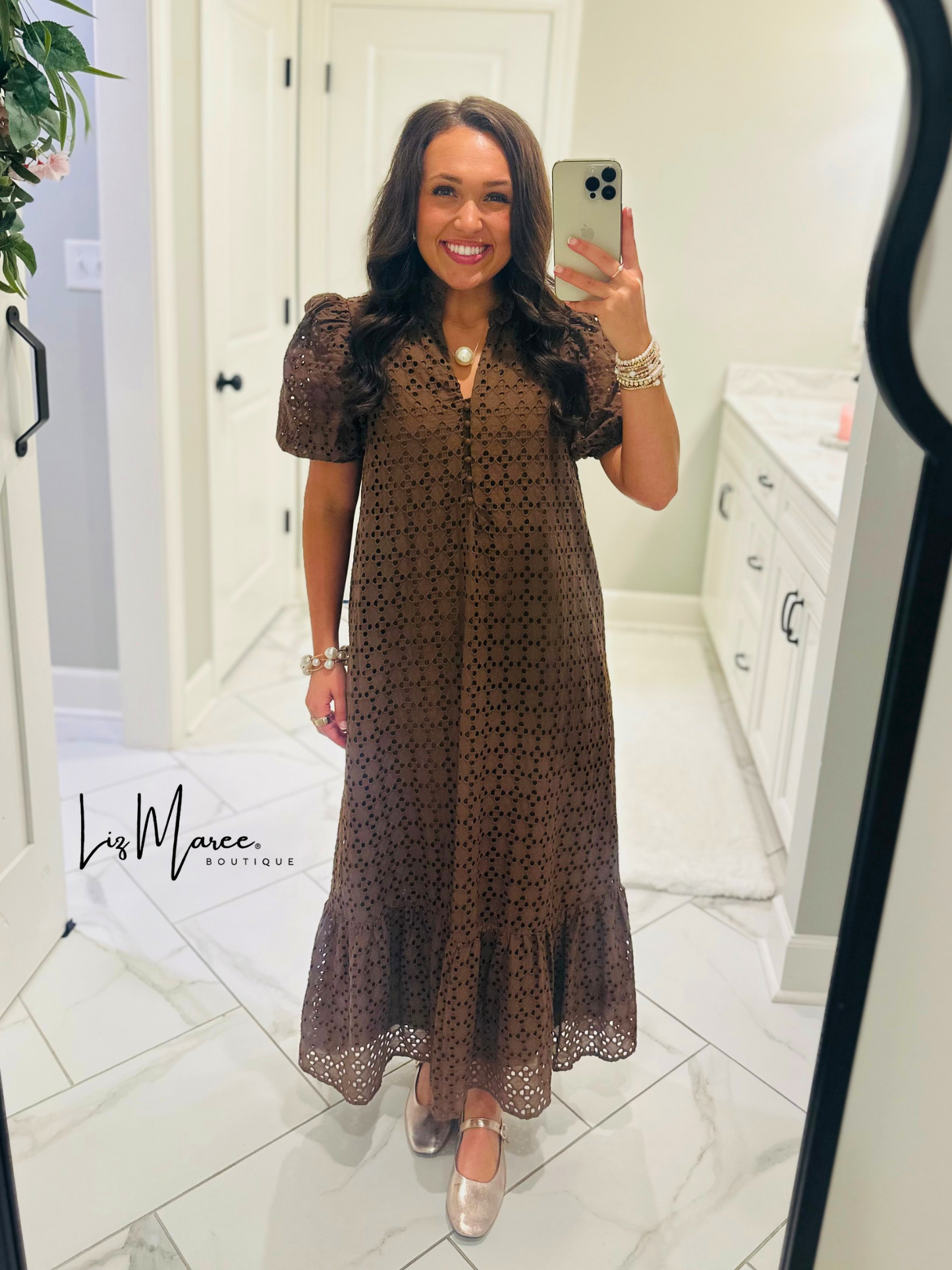The Liz Brown Eyelet Midi Dress