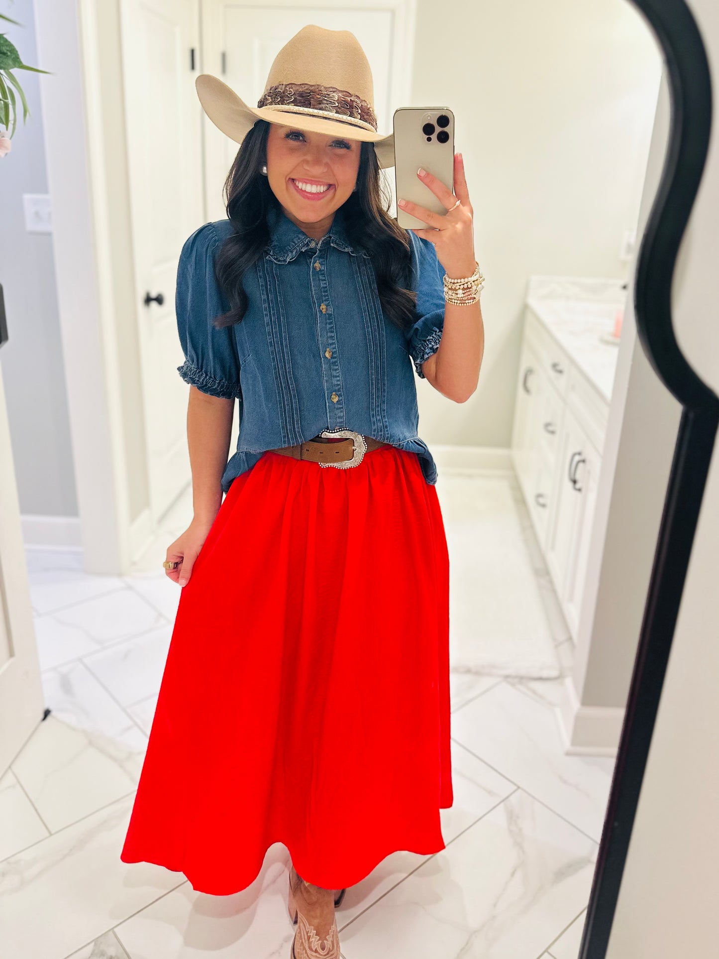 The Delilah Denim Ruffle Top