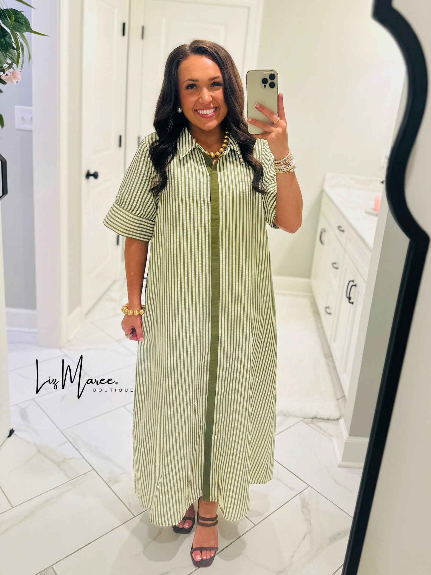 The Nora Olive Green Striped Midi Dress
