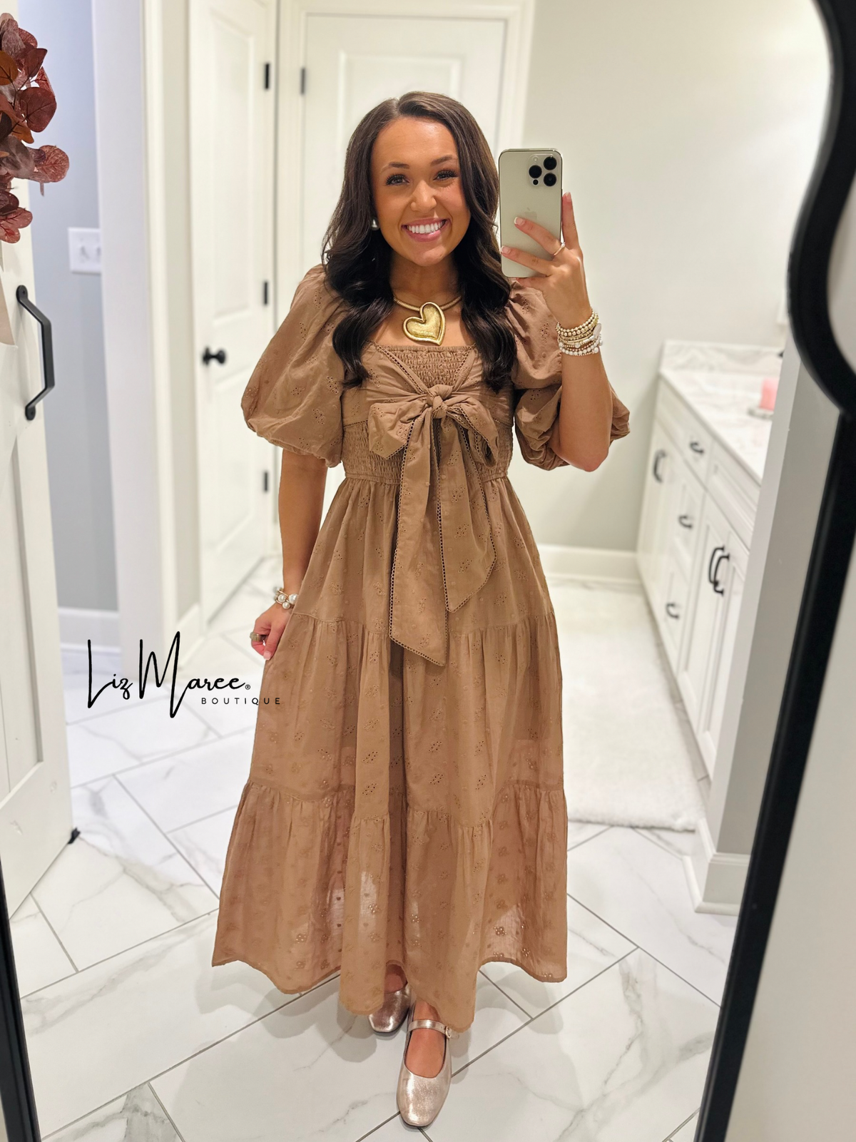 The Isabelle Light Brown Eyelet Bow Midi Dress
