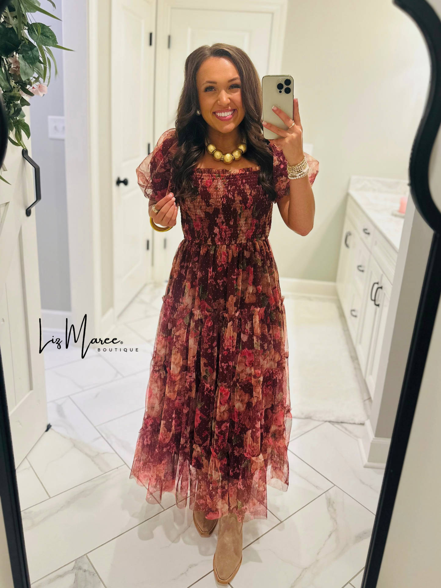 The Halston Burgundy Floral Polka Dot Midi Dress