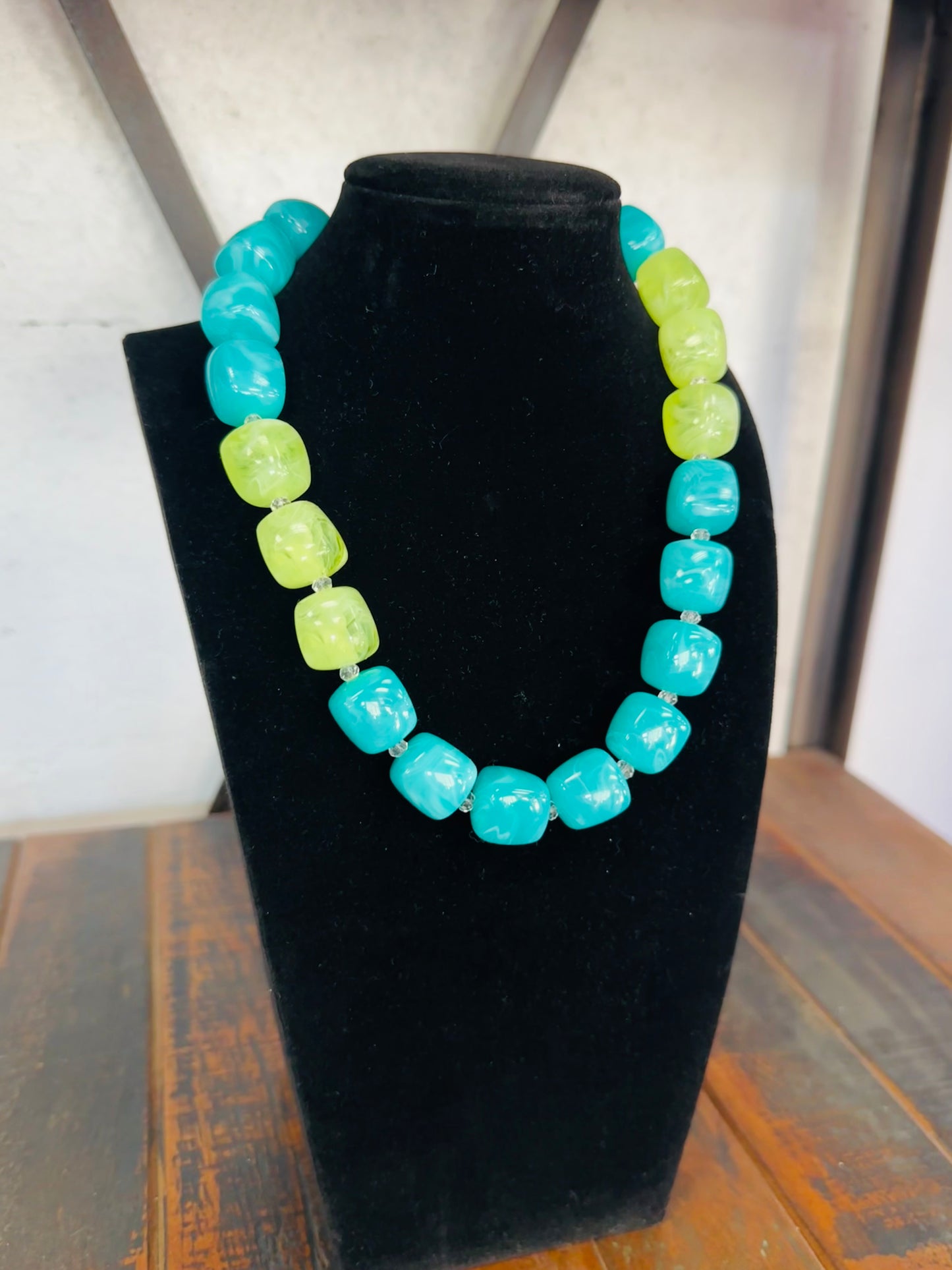 Turquoise + Lime Chunky Bead Color Block Necklace