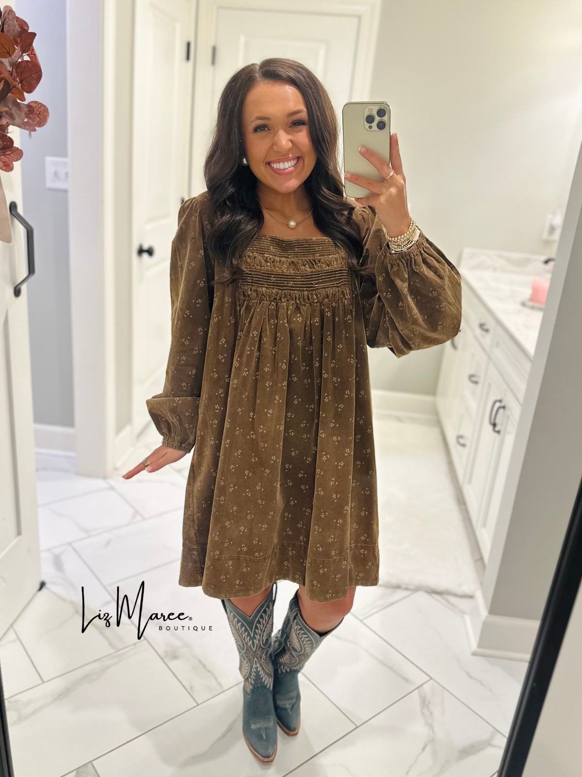 The Cassie Dark Camel Floral Corduroy Dress
