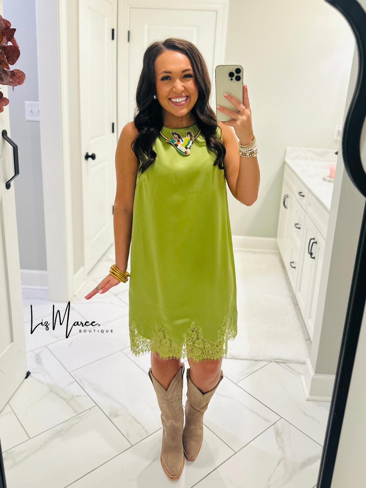 The Lola Olive Green Satin Lace Dress