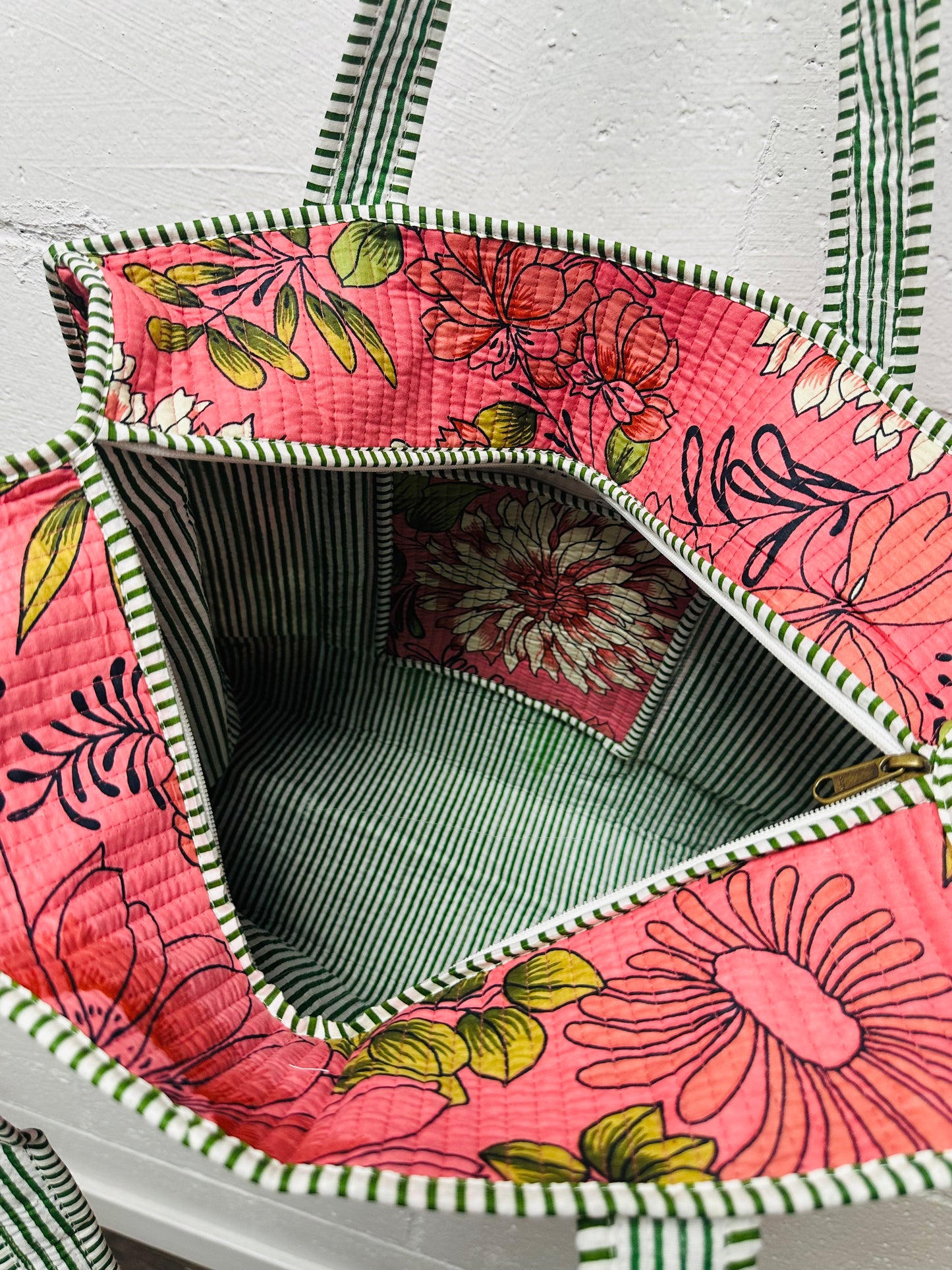 The Coral Pink Flower Power Quilted Tote Bag