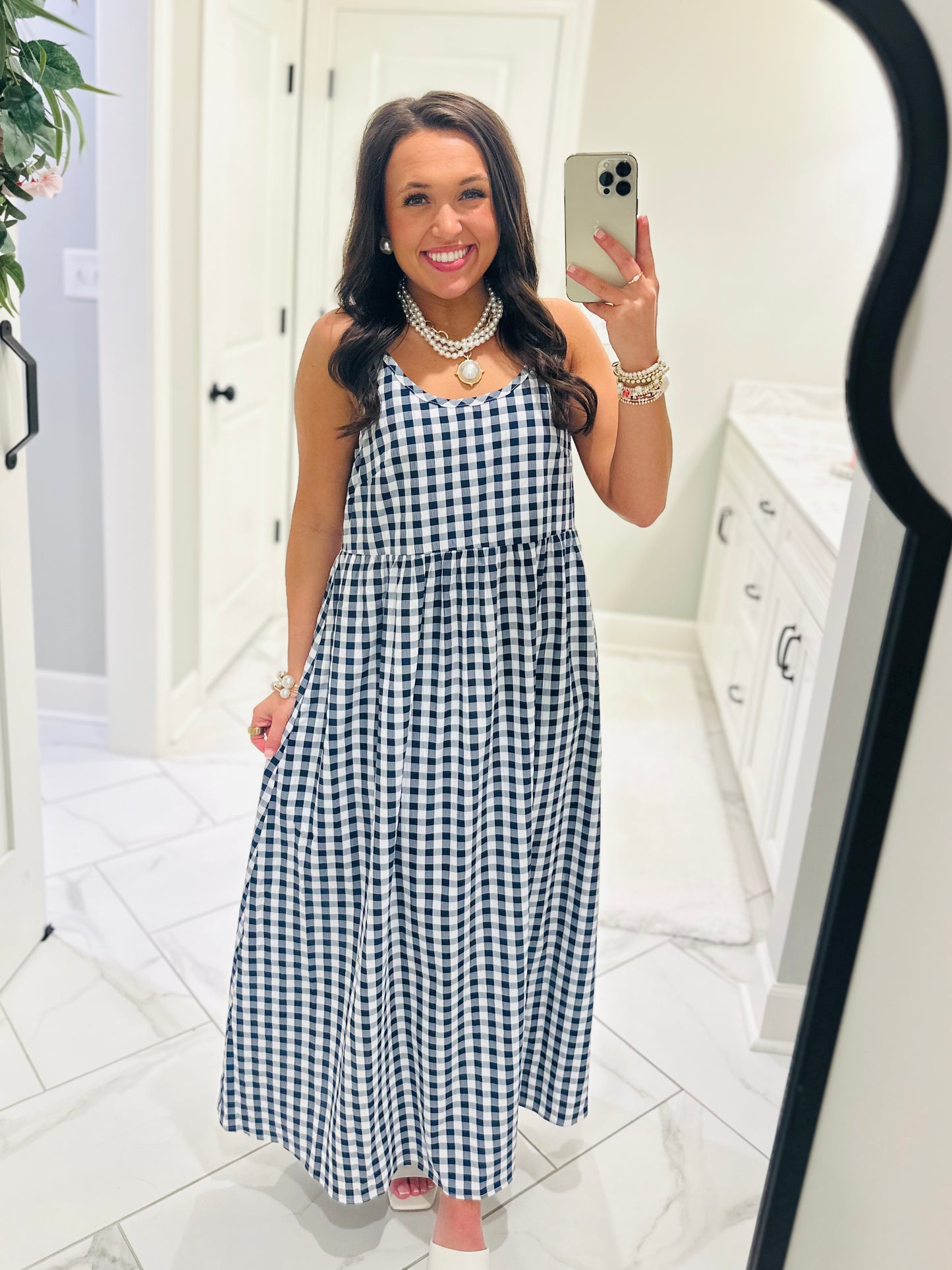 The Chloe Navy Layered Gingham Midi Dress