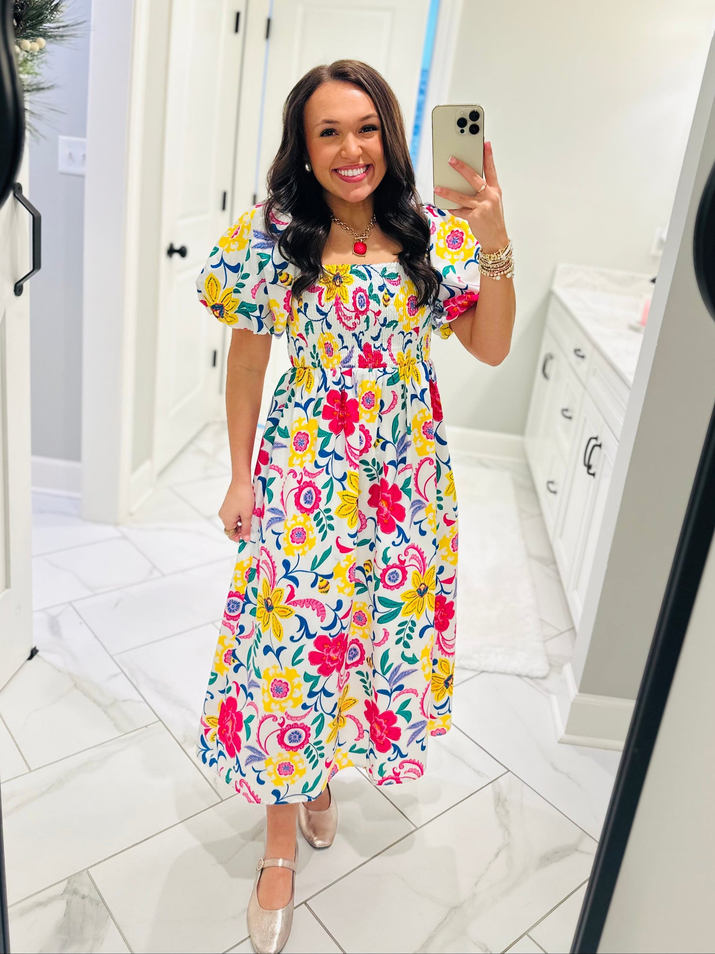 The Kes White Floral Smocked Midi Dress